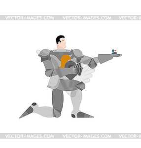 Knight standing on one knee and Wedding ring. - vector image