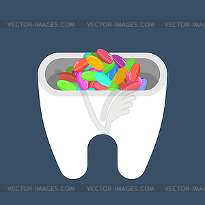 Hole in tooth and candy. Teeth ache of sweet. - vector image