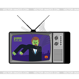 Zombie news old tv. Halloween Live broadcasting. - vector image