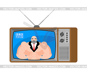 Force news old TV. Bodybuilder broadcasting - vector clipart