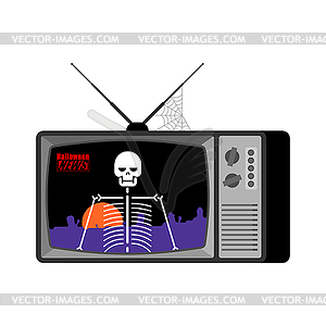 Halloween news old tv. Skeleton broadcasting - vector image