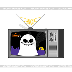 Halloween news old tv. Ghost broadcasting - vector image
