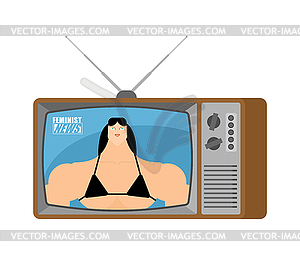 Feminist news old tv. Woman broadcasting journalist - vector image