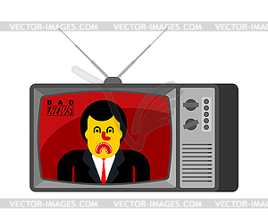 Bad news old tv. Angry broadcasting journalist. - vector image