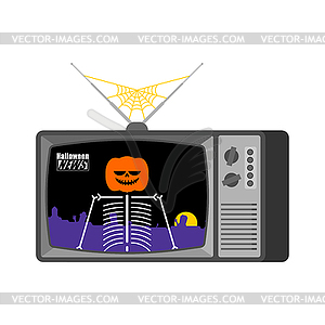 Halloween news old tv. Pumpkin broadcasting - vector image