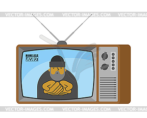 Homeless news old tv. Beggar broadcasting - vector clip art