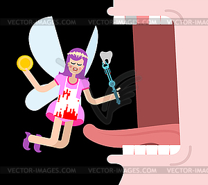 Tooth fairy in mouth. Coin exchange for tooth - vector EPS clipart