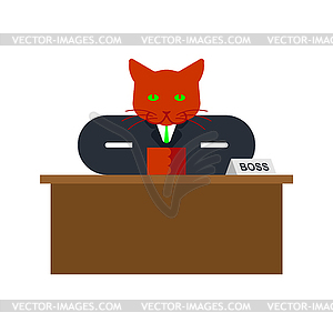 Cat boss. Businessman pet. Business man on desk. - vector clip art