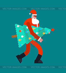 Santa carry Christmas tree. Claus man and Spruce. - vector image
