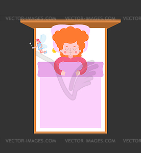 Tooth fairy and girl in bed. Child sleeping - vector clip art