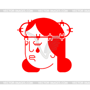 Martyr cries. Barbed wire on head. Pain and - vector image