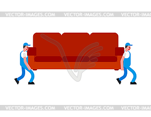 Movers and sofa. Porters carry couch. Delivery - vector image