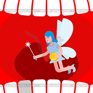 Open mouth and tooth fairy. Coin exchange for tooth - vector EPS clipart