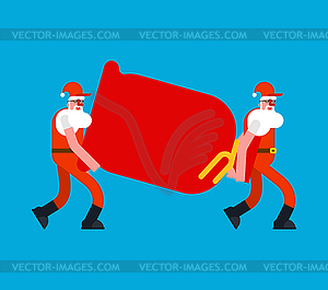 Santa Movers carry red bag. Claus Porters man and - vector clipart