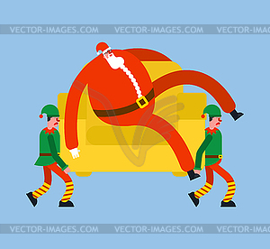 Santa on Armchair resting and carry elves. Xmas - vector image