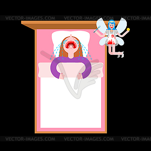 Tooth fairy and girl in bed. Child sleeping - vector EPS clipart