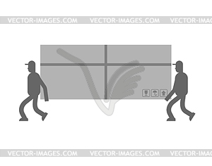 Двигатели и большая коробка. Портеры переносят ящик. Доставка - векторный дизайн