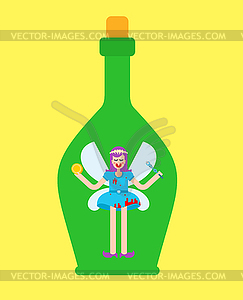 Tooth Fairy in bottle. Crazy Little magical woman - vector image