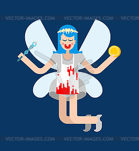 Angry Tooth Fairy. Scarry Little magical woman. Coi - vector image