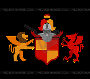Геральдический щит Крылатый лев и дракон и рыцарь - векторное изображение клипарта