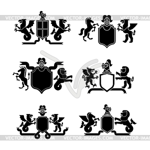 Heraldic Shield and Knight Helmet set silhouette. - vector clipart