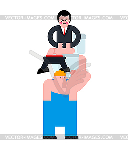 Builder carries toilet on which guy sits using. - vector clipart