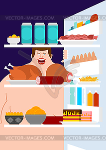 Open fridge and fat man Inside view. lot of food. - vector image