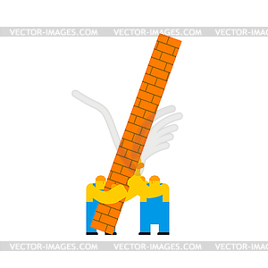 Workers build wall. Builders and brick wall - vector clip art