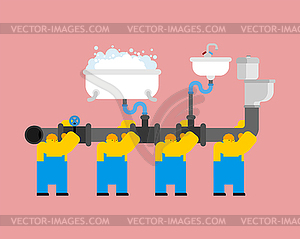 Workers and plumbing. Builders and sewage system - vector clipart