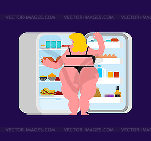 Open fridge night and fat woman. Food silhouette. - vector clipart