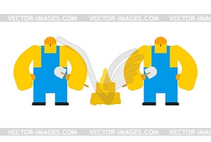 Builders and sand castle. Workers and sand house - vector clip art