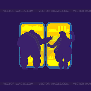 Open fridge night and fat Married couple. Food - color vector clipart