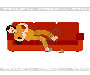 PMS Menstrual pain girl on sofa. Woman suffering - vector image