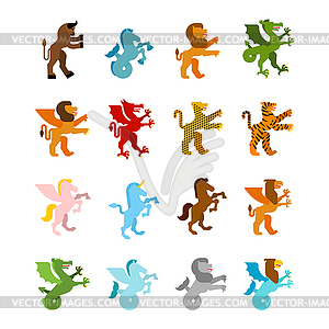 Heraldic animal set. Hippocampus and lion. Dragon - vector clipart