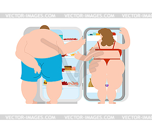 Open fridge and fat Married couple. lot of food. - vector clipart