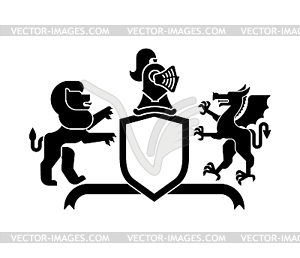 Heraldic Shield Lion and Dragon and Knight Helmet. - vector image