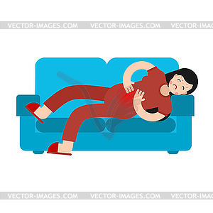 PMS Menstrual pain girl on sofa. Woman suffering - vector image