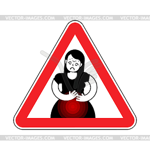 Attention PMS. Caution Menstrual pain girl. Red roa - vector clipart