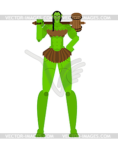 Ogre Female warrior with weapon. Green goblin - vector image