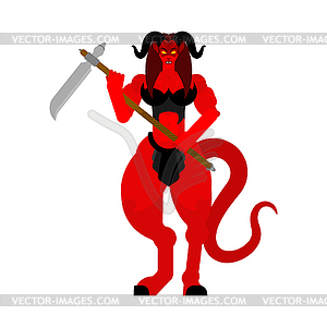 Female demon Warrior with scythe. Strong Woman - vector image