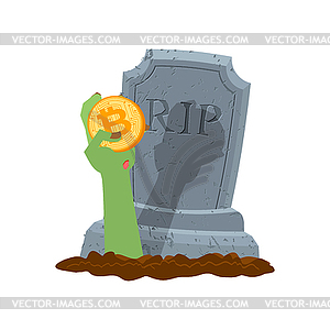 Bitcoin and zombie hand. Cryptocurrency dead. of - vector clip art