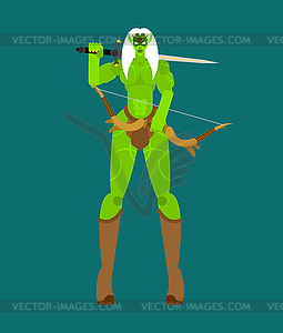 Elf Female warrior with weapon. Green magic woman - vector clipart