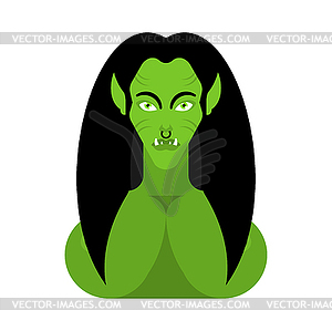 Ogre Female face. Green goblin woman portrait. - vector image