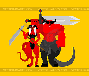 Demon woman and man warrior. Devil Family Strong. - vector clip art