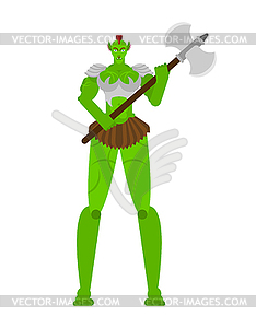 Ogre Female warrior with weapon. Green goblin - vector image