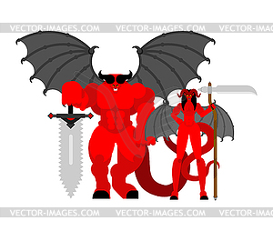 Demon woman and man warrior. Devil Family Strong. - vector clipart
