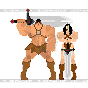 Barbarian warrior couple woman and man. berserk - vector clipart