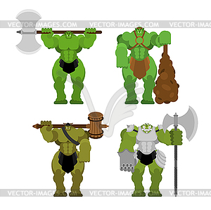 Ogre warrior Army set. Green goblin Strong. - vector clipart