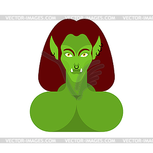 Ogre woman face. Green goblin Female portrait. - vector clip art