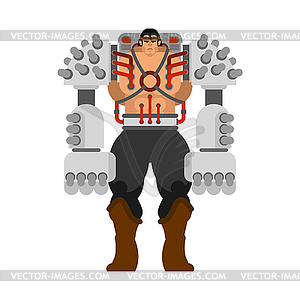 Cyborg man with iron cybernetic hands robot. - vector clipart